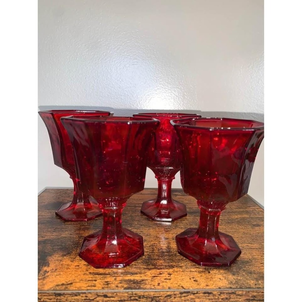 Vintage Independence Glass Ruby Red Cordial Wine Glasses Set of 4 Paneled